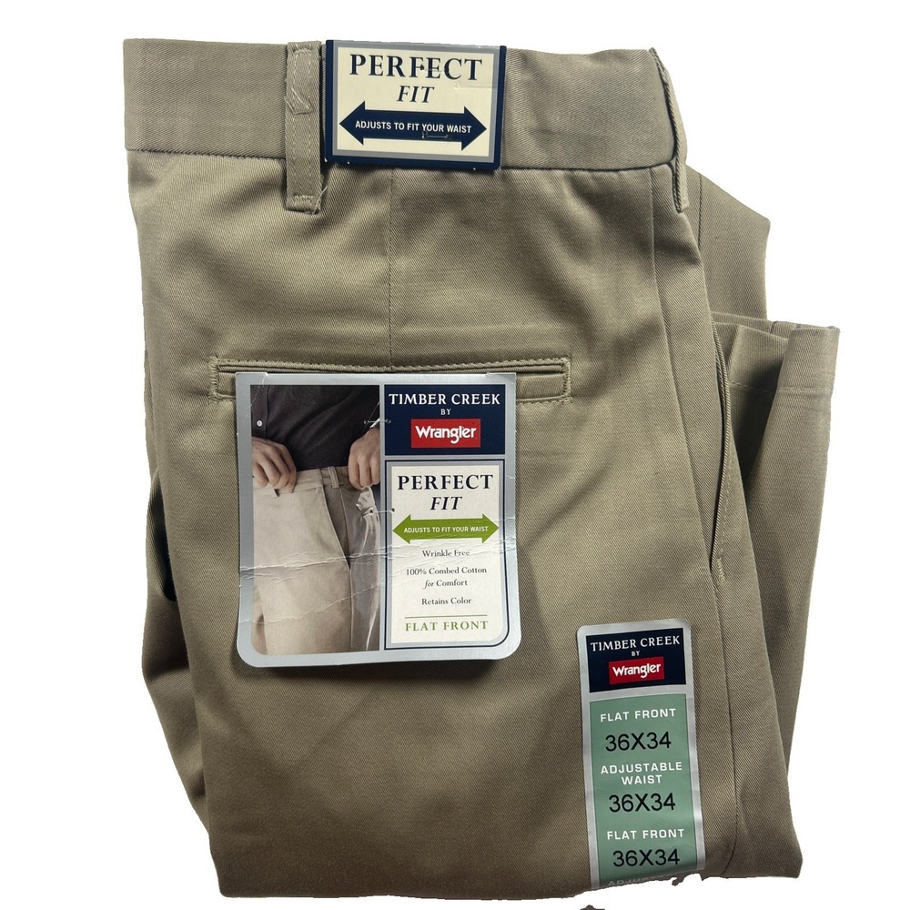 Wrangler Timber Creek Perfect Fit Khaki Pants Mens 36x34 Flat Front 89004KH